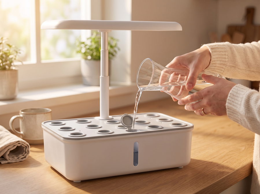 Mains versant de l'eau dans le réservoir du potager Verdia One