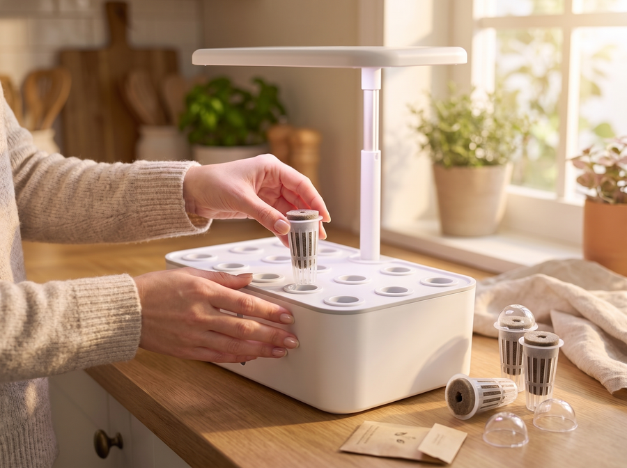 Mains insérant un panier avec éponge de culture dans le Verdia One