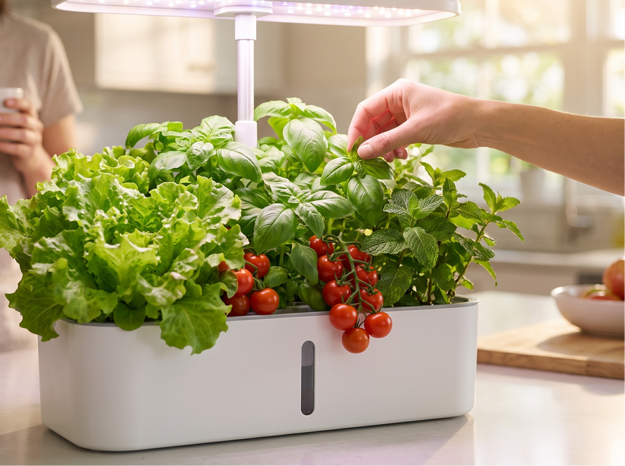 Verdia One rempli de salades, basilic et tomates cerises prêts à être récoltés