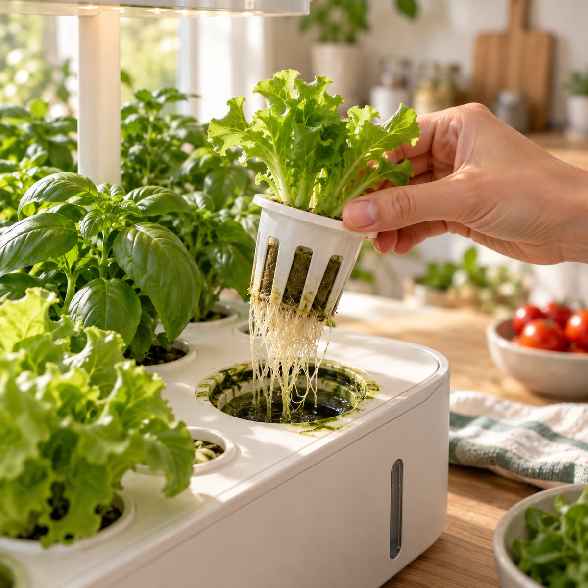 Main soulevant un panier de culture avec une laitue et ses racines au-dessus d’un potager hydroponique présentant un dépôt vert d’algues.