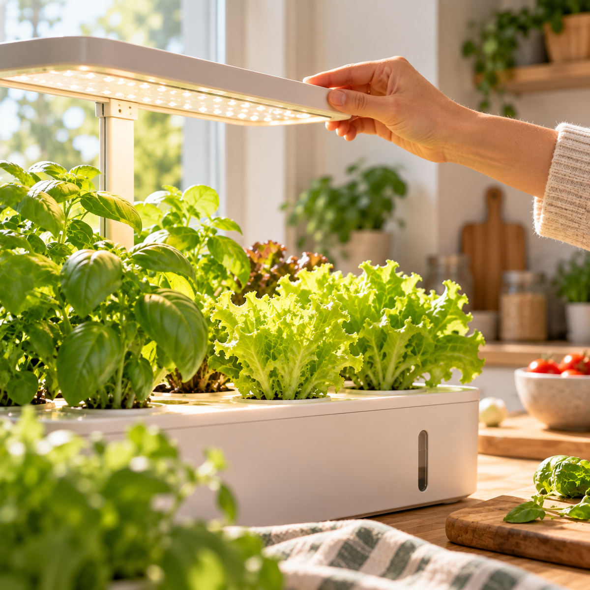 Main ajustant la lampe horticole au-dessus d’un potager hydroponique intérieur avec basilic et laitues dans une cuisine lumineuse.
