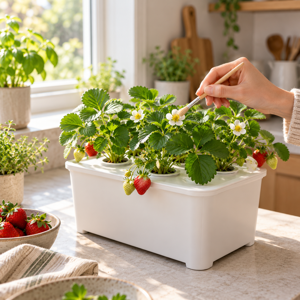Main pollinisant manuellement des fleurs de fraise avec un pinceau, dans le potager hydroponique Verdia Go.