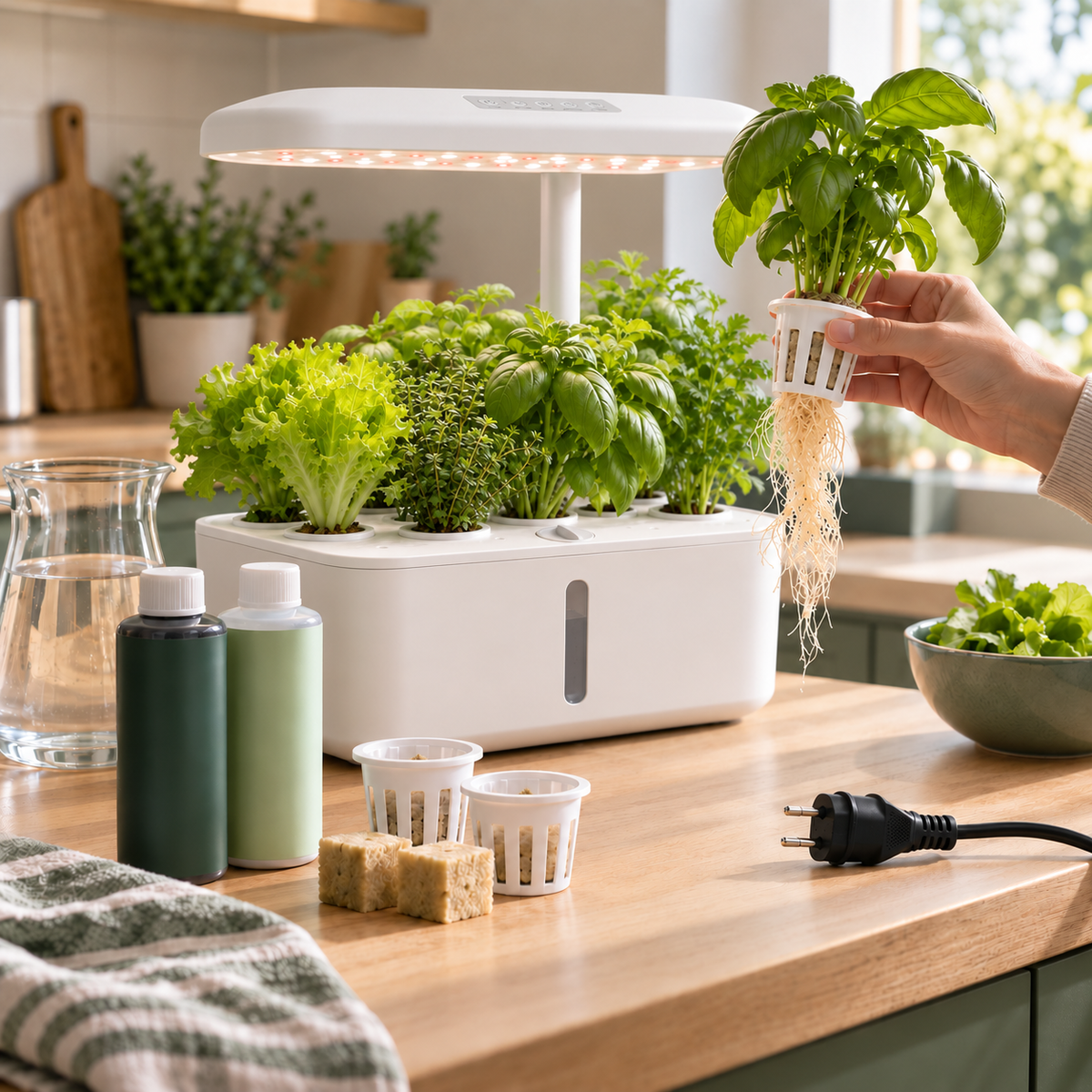 Potager hydroponique intérieur Belverdia avec plantes, paniers de culture, nutriments et racines visibles dans une cuisine lumineuse.
