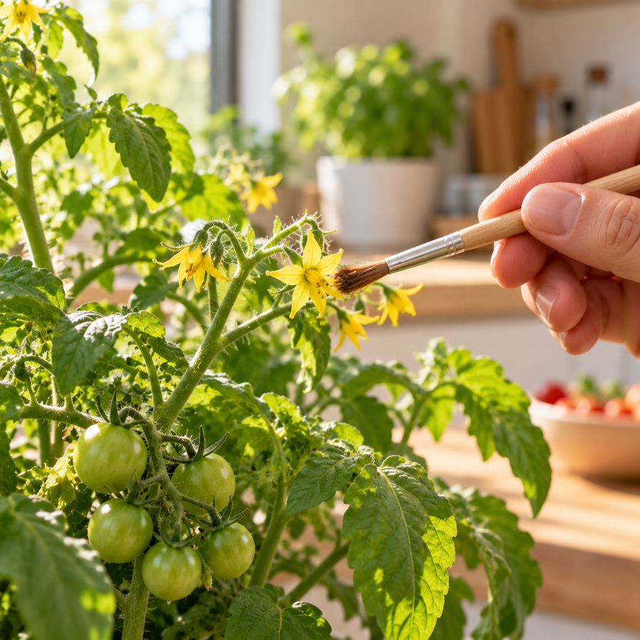 Une main utilise un petit pinceau près des fleurs jaunes d'un plant de tomates cerises cultivé en intérieur.
