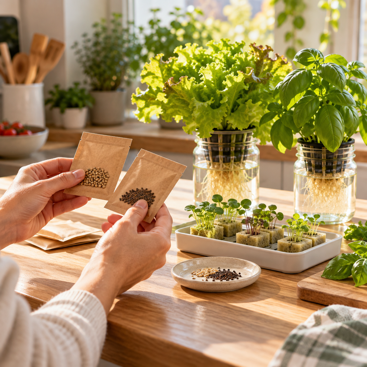 Une personne compare des sachets de graines près de jeunes semis, de laitues et de basilic cultivés dans l’eau dans une cuisine lumineuse.