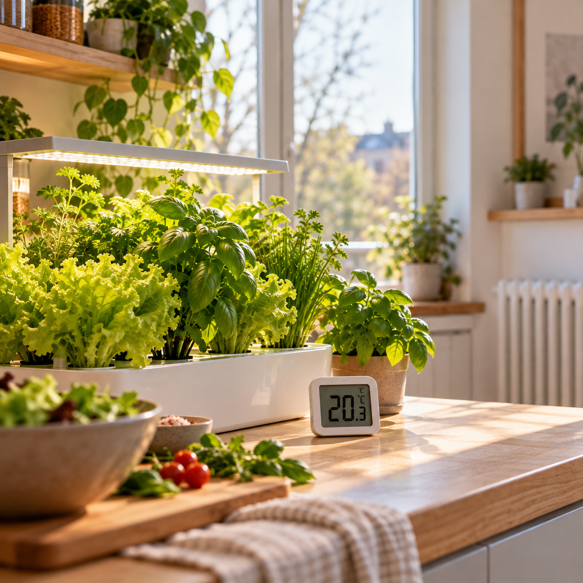 Potager intérieur avec laitues et herbes aromatiques près d’un thermomètre affichant 20,3 °C dans une cuisine lumineuse.
