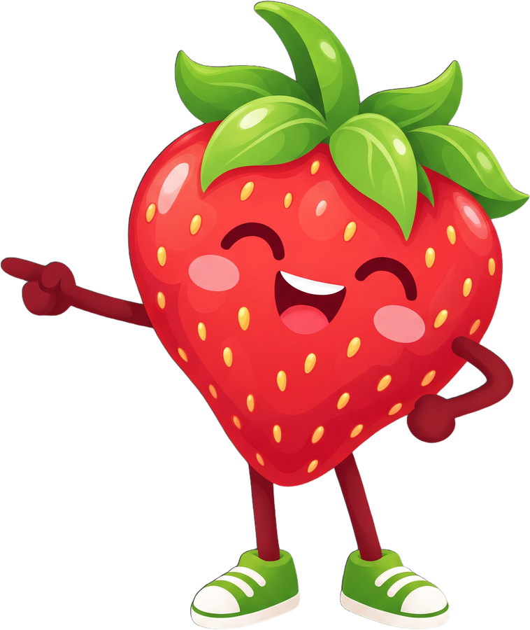 Mascotte fraise Belverdia qui montre le bouton du doigt