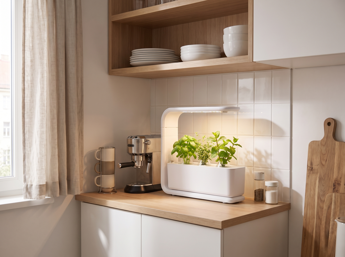 Verdia Mini posé dans un petit coin de cuisine à côté d'une machine à café