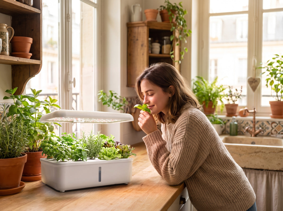 Femme sentant le basilic à côté de son jardin d'intérieur Verdia One