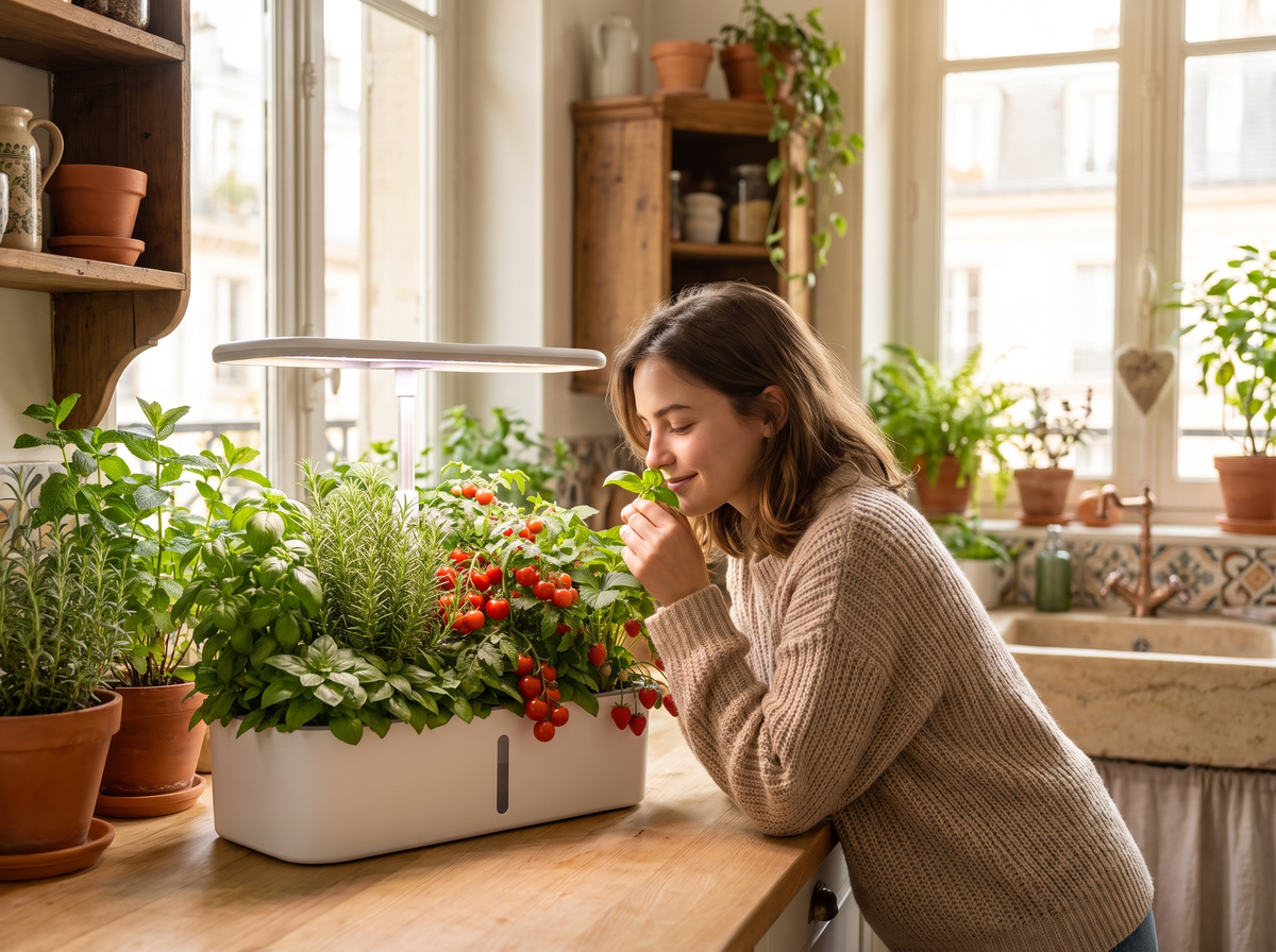 Femme qui sent une feuille de basilic cultivée dans un potager hydroponique Verdia One