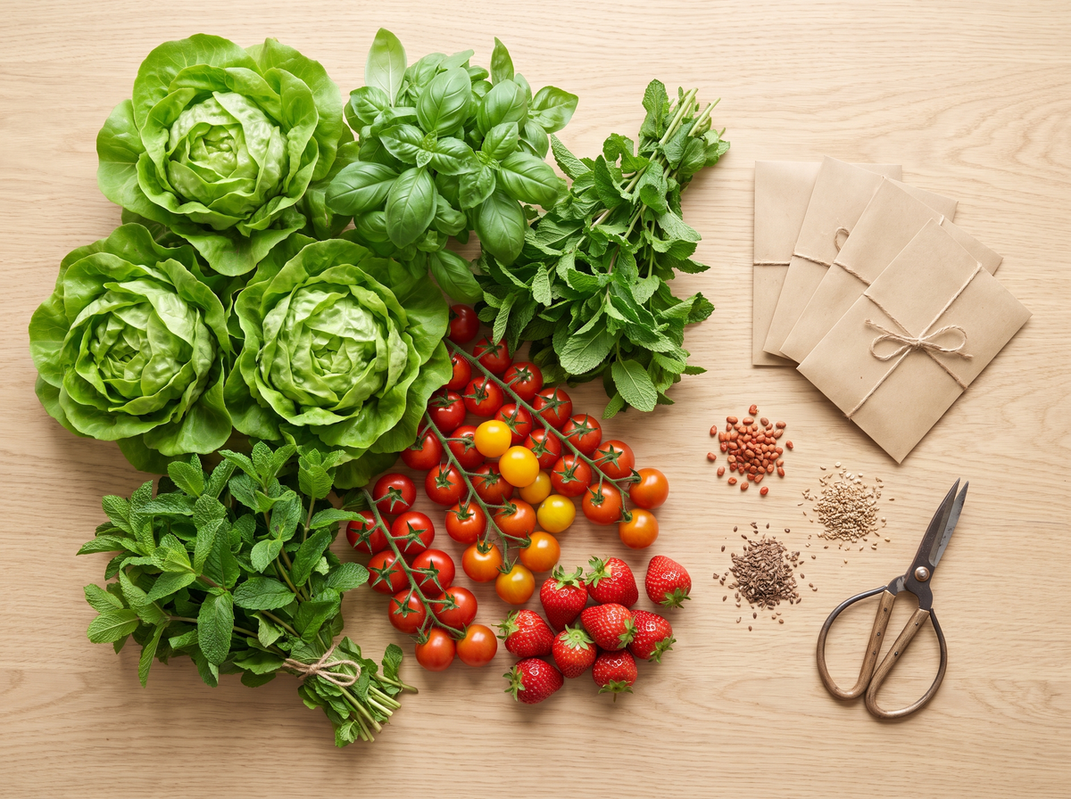 Récolte maison de salades, herbes, tomates et fraises à côté de sachets de graines