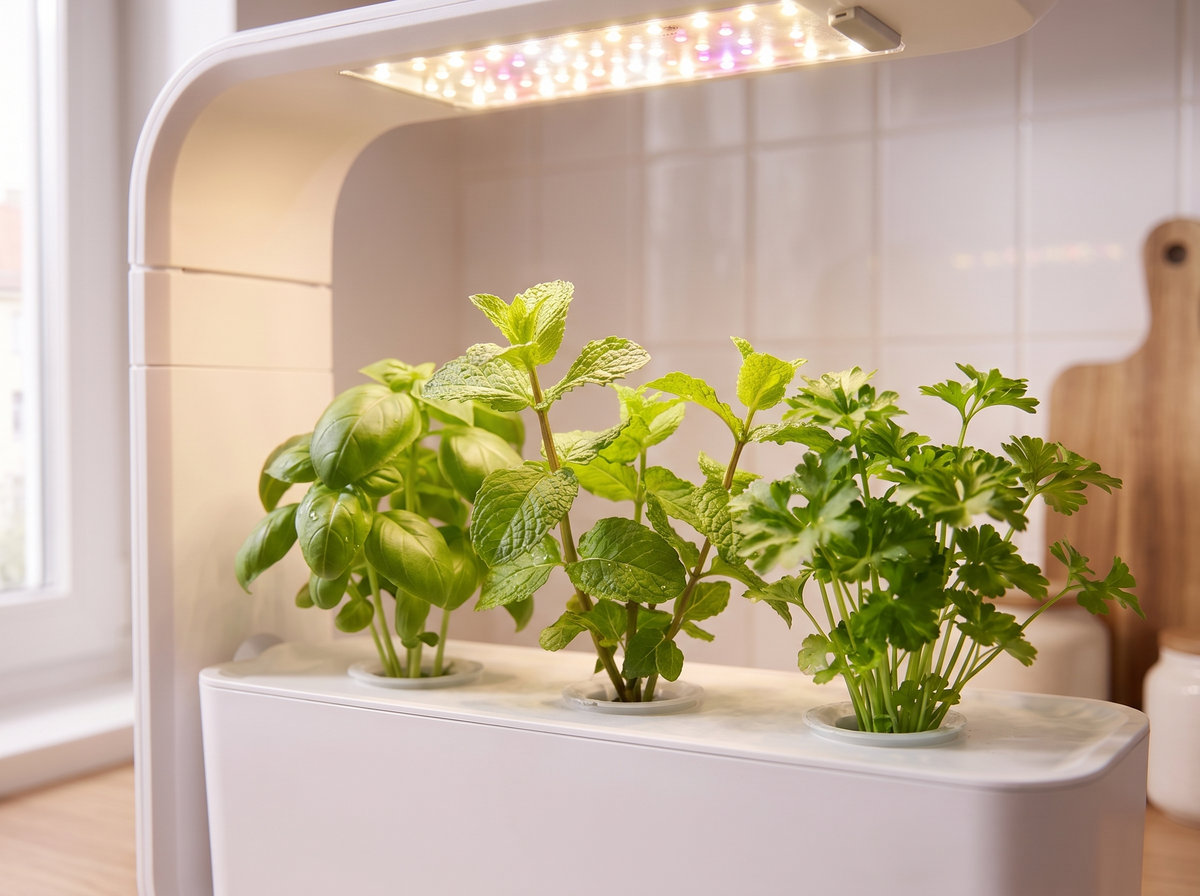 Gros plan sur le Verdia Mini : basilic, menthe et persil sous la lampe LED