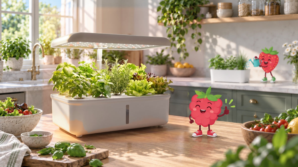 Potager hydroponique Verdia One avec herbes aromatiques et salades, posé sur le plan de travail d'une cuisine ensoleillée