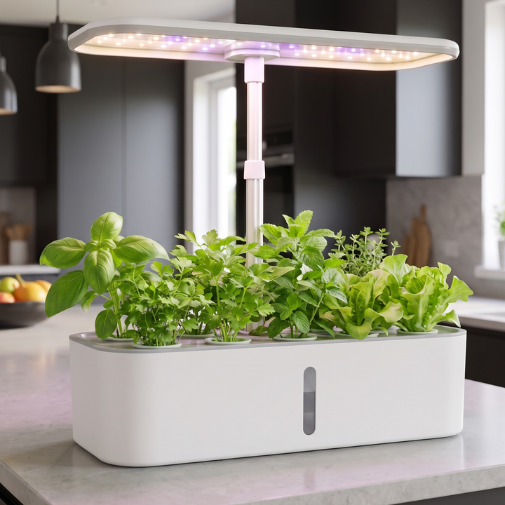 Verdia One avec de jeunes herbes aromatiques et salades, lampe LED allumée, dans une cuisine