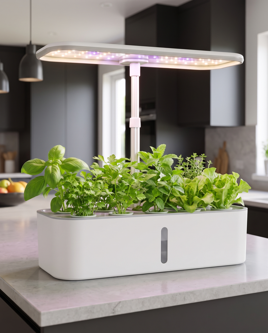 Verdia One avec de jeunes herbes aromatiques et salades, lampe LED allumée, dans une cuisine