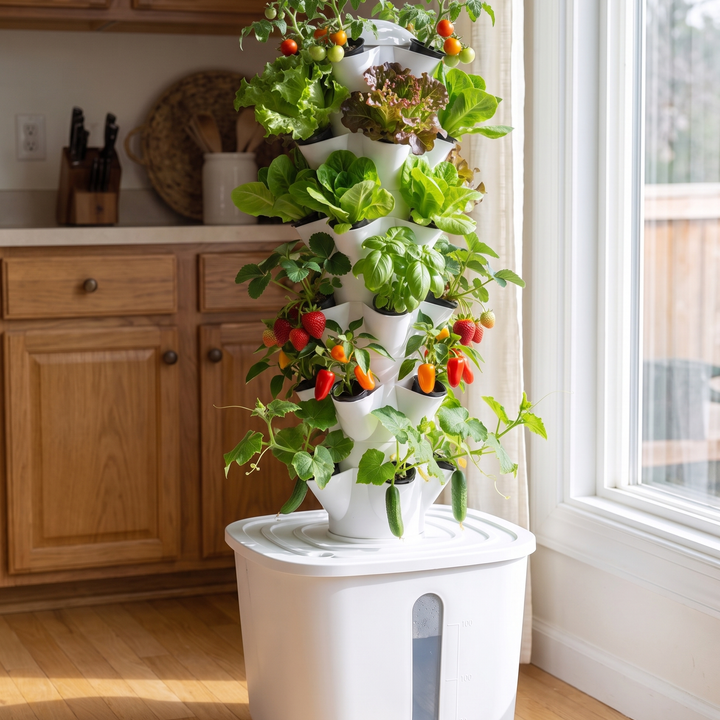 Verdia Plus avec tomates cerises, laitues, fraises, mini piments, mini concombres et basilic
