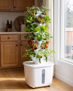 Verdia Plus avec tomates cerises, laitues, fraises, mini piments, mini concombres et basilic