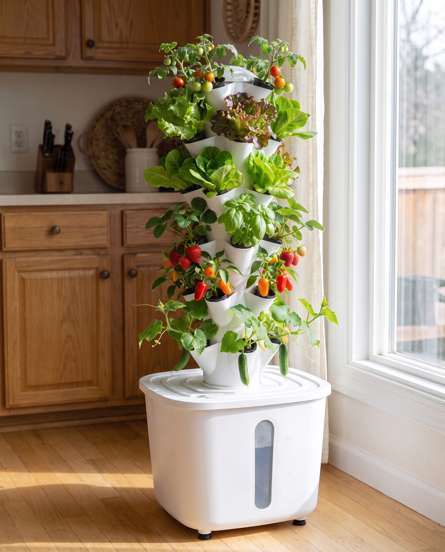 Verdia Plus avec tomates cerises, laitues, fraises, mini piments, mini concombres et basilic